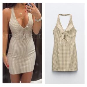 NWT Zara brown gingham halter dress